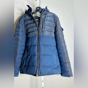 Zara Colorblock Insulated Puffer Winter Coat Navy Blue Men Size Medium